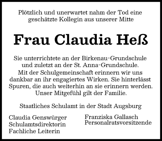Traueranzeige von Claudia Heß von Augsburger Allgemeine