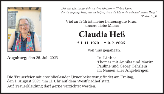 Traueranzeige von Claudia Heß von Augsburger Allgemeine