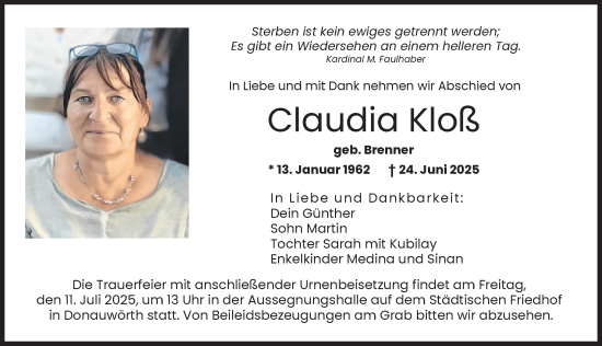 Traueranzeige von Claudia Kloß von Donauwörther Zeitung