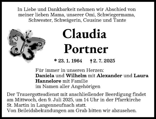 Traueranzeige von Claudia Portner von Schwabmünchner Allgemeine