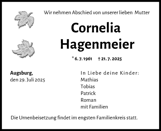 Traueranzeige von Cornelia Hagenmeier von Günzburger Zeitung