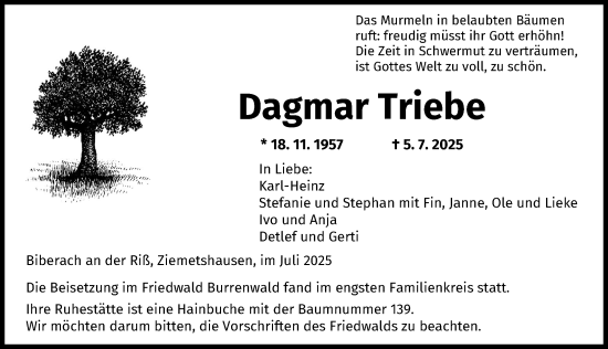 Traueranzeige von Dagmar Triebe von Mittelschwäbische Nachrichten, Augsburg-Land