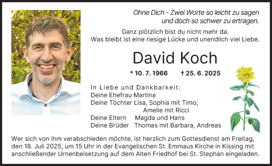 Traueranzeige von David Koch von Friedberger Allgemeine, Schwabmünchner Allgemeine