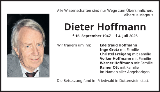 Traueranzeige von Dieter Hoffmann von Donau Zeitung