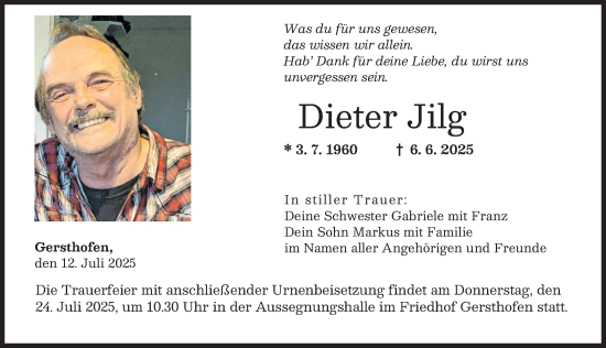 Traueranzeige von Dieter Jilg von Augsburger Allgemeine