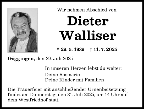 Traueranzeige von Dieter Walliser von Augsburger Allgemeine