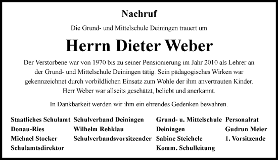 Traueranzeige von Dieter Weber von Rieser Nachrichten