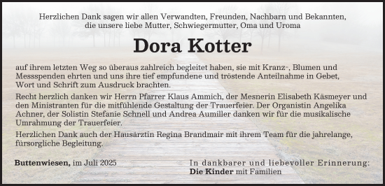 Traueranzeige von Dora Kotter von Wertinger Zeitung