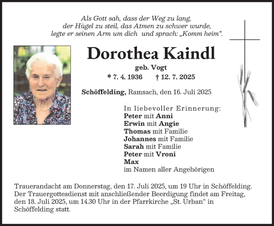 Traueranzeige von Dorothea Kaindl von Landsberger Tagblatt