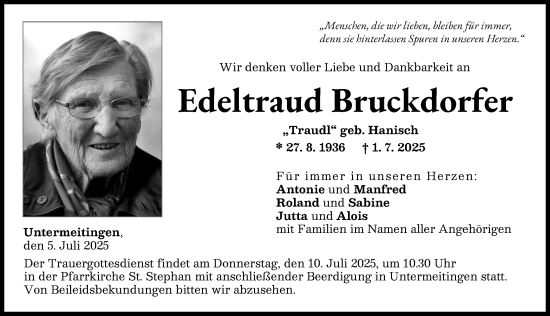 Traueranzeige von Edeltraud Bruckdorfer von Schwabmünchner Allgemeine