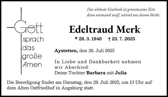 Traueranzeige von Edeltraud Merk von Augsburger Allgemeine