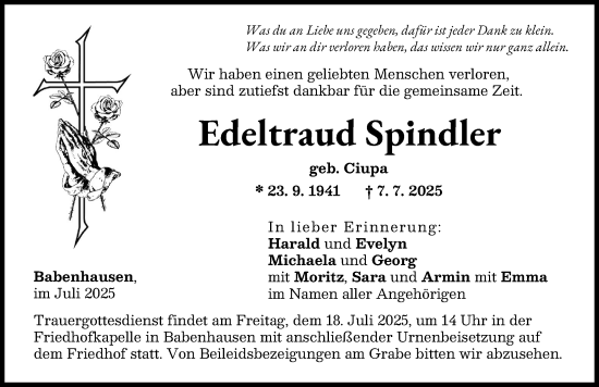 Traueranzeige von Edeltraud Spindler von Illertisser Zeitung