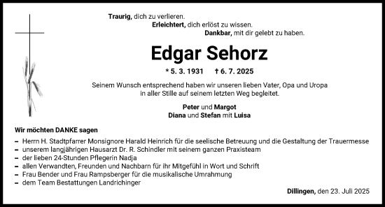 Traueranzeige von Edgar Sehorz von Donau Zeitung