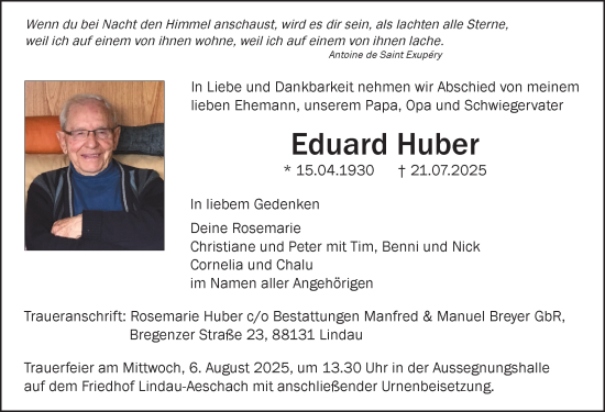 Traueranzeige von Eduard Huber von Mindelheimer Zeitung