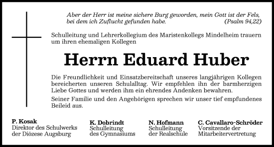 Traueranzeige von Eduard Huber von Mindelheimer Zeitung