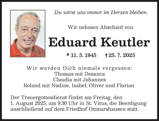 Traueranzeige von Eduard Keutler von Augsburger Allgemeine