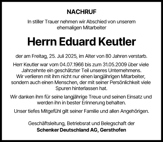 Traueranzeige von Eduard Keutler von Augsburger Allgemeine