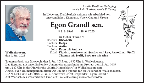 Traueranzeige von Egon Grandl von Landsberger Tagblatt
