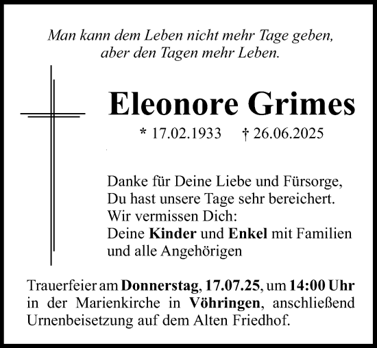 Traueranzeige von Eleonore Grimes von Illertisser Zeitung