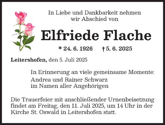 Traueranzeige von Elfriede Flache von Augsburger Allgemeine