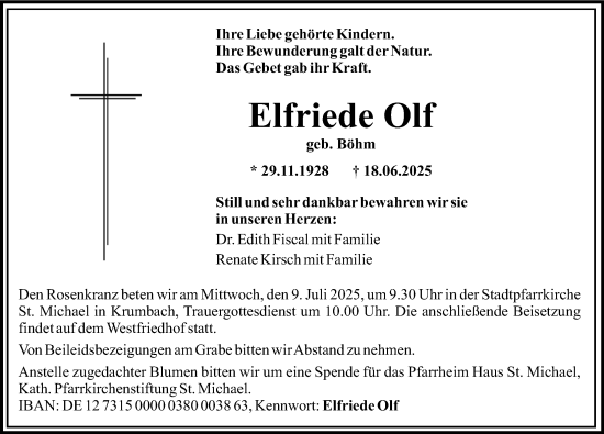 Traueranzeige von Elfriede Olf von Mittelschwäbische Nachrichten