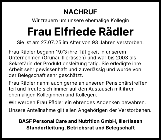 Traueranzeige von Elfriede Rädler von Illertisser Zeitung