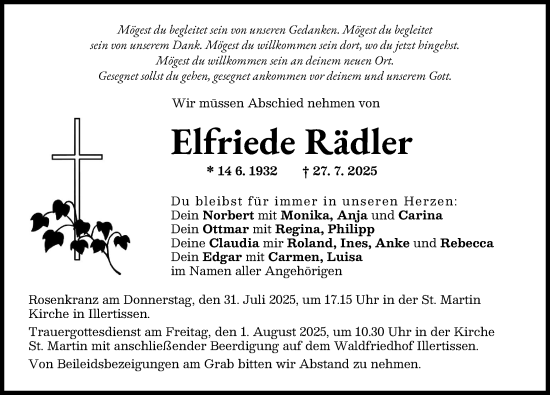 Traueranzeige von Elfriede Rädler von Illertisser Zeitung