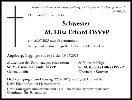 Traueranzeige von Elisa Erhard von Augsburger Allgemeine