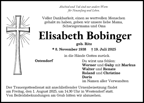 Traueranzeige von Elisabeth Bobinger von Augsburg-Land