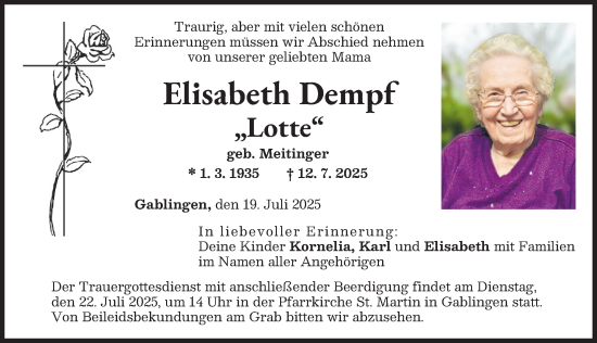 Traueranzeige von Elisabeth Dempf von Augsburg-Land