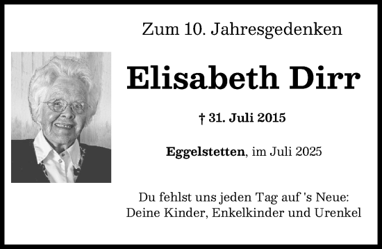 Traueranzeige von Elisabeth Dirr von Donauwörther Zeitung