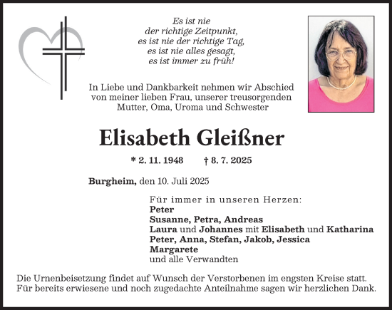 Traueranzeige von Elisabeth Gleißner von Neuburger Rundschau