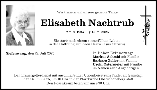 Traueranzeige von Elisabeth Nachtrub von Augsburg-Land