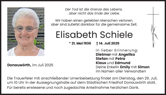 Traueranzeige von Elisabeth Schiele von Donauwörther Zeitung