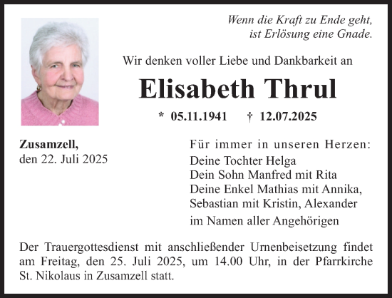 Traueranzeige von Elisabeth Thrul von Augsburg-Land