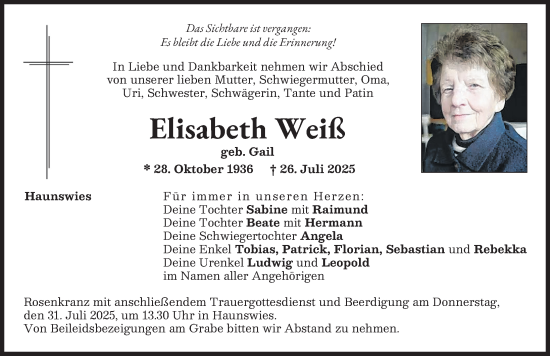 Traueranzeige von Elisabeth Weiß von Aichacher Nachrichten