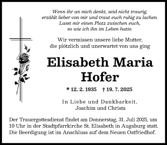 Traueranzeige von Elisabeth Maria Hofer von Augsburger Allgemeine