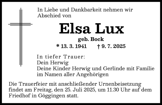 Traueranzeige von Elsa Lux von Augsburger Allgemeine