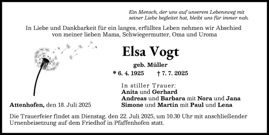 Traueranzeige von Elsa Vogt von Neu-Ulmer Zeitung