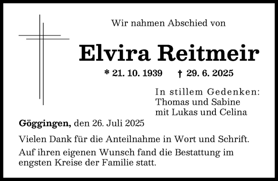 Traueranzeige von Elvira Reitmeir von Augsburger Allgemeine