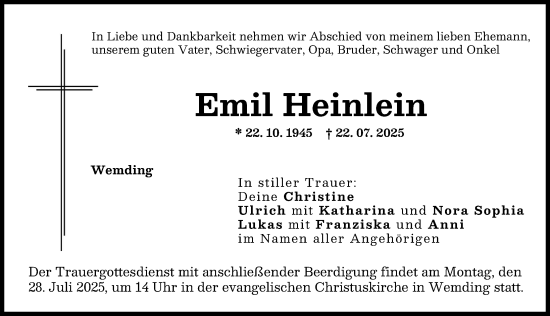 Traueranzeige von Emil Heinlein von Donauwörther Zeitung