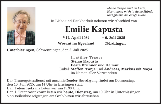 Traueranzeige von Emilie Kapusta von Donau Zeitung, Donauwörther Zeitung