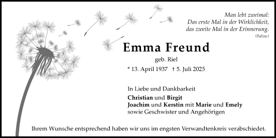Traueranzeige von Emma Freund von Donauwörther Zeitung