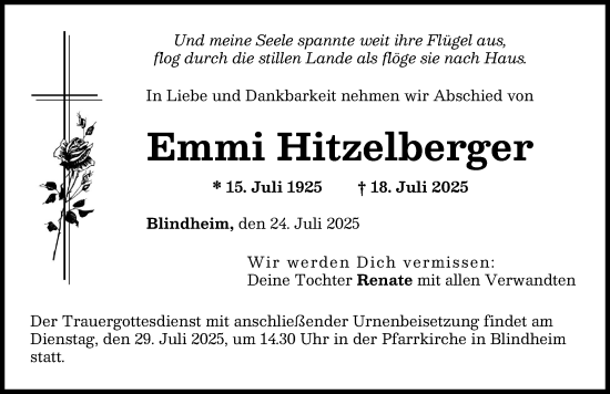 Traueranzeige von Emmi Hitzelberger von Donau Zeitung