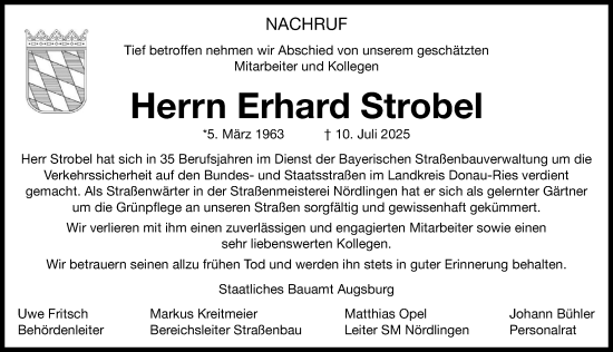 Traueranzeige von Erhard Strobel von Rieser Nachrichten
