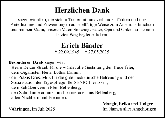 Traueranzeige von Erich Binder von Illertisser Zeitung