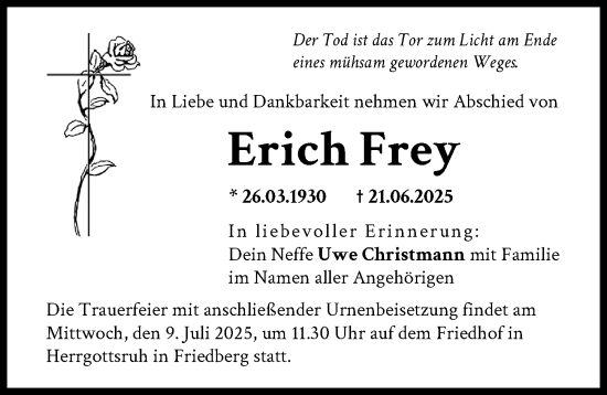 Traueranzeige von Erich Frey von Friedberger Allgemeine