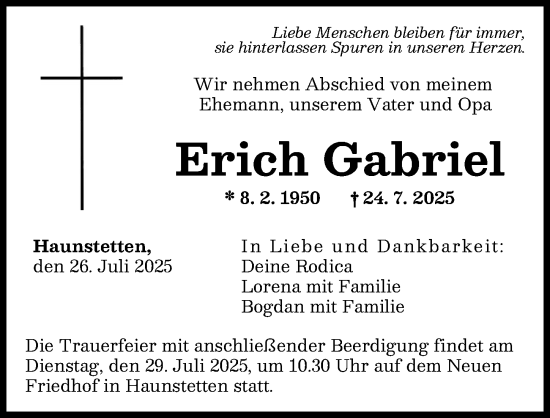 Traueranzeige von Erich Gabriel von Augsburger Allgemeine
