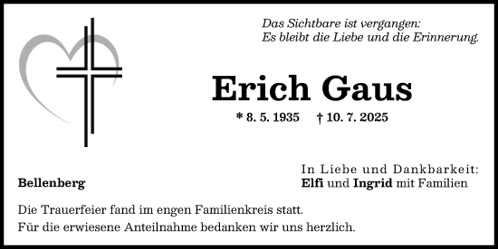 Traueranzeige von Erich Gaus von Illertisser Zeitung