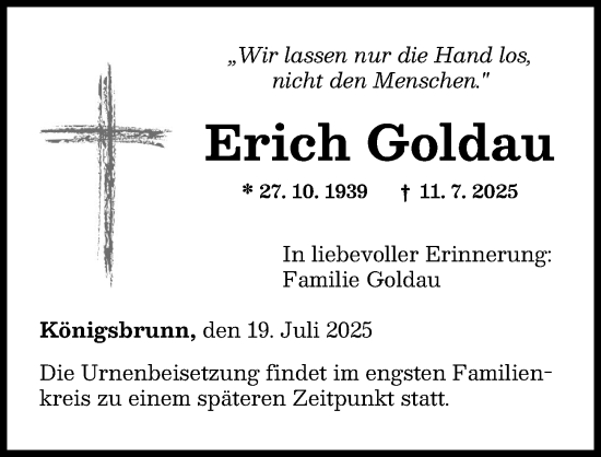 Traueranzeige von Erich Goldau von Augsburger Allgemeine
